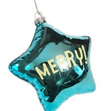 Holiday Molded Glass Blue Balloon Star MERRY  Christmas Tree Ornament 4.5" H