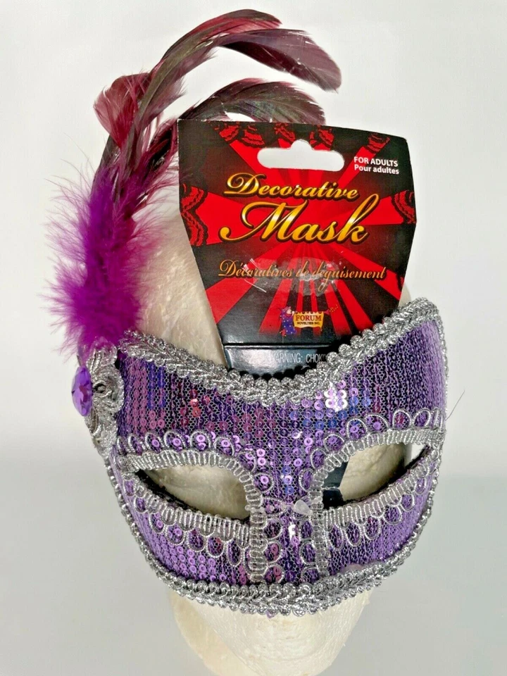 Mardi Gras Masquerade Mask Purple Sequins Feathers Gemstone Decorative - Image 2 of 4