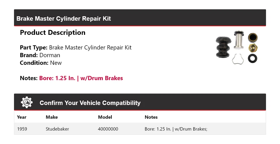 Kit de reparación de cilindro maestro de freno Studebaker 4E7 Dorman 1959 Foto 2 de 3
