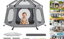 Pop Up Baby Playpen with Canopy, Portable Foldable Outdoor Play Yard for Gray