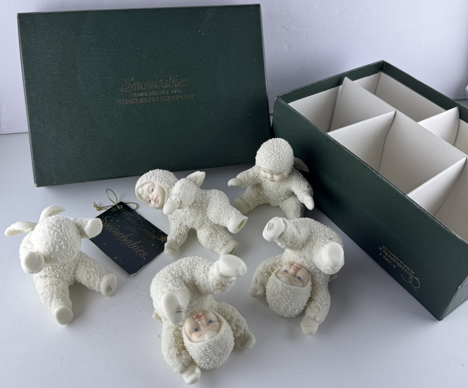 Vintage Dept 56 Snowbabies 5-Piece Tumbling in the Snow Set #7957 with Original Box