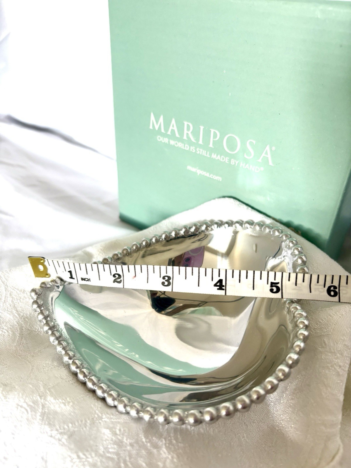 Mariposa heart Shaped Handmade Trinket Tray, With Beaded Edge.