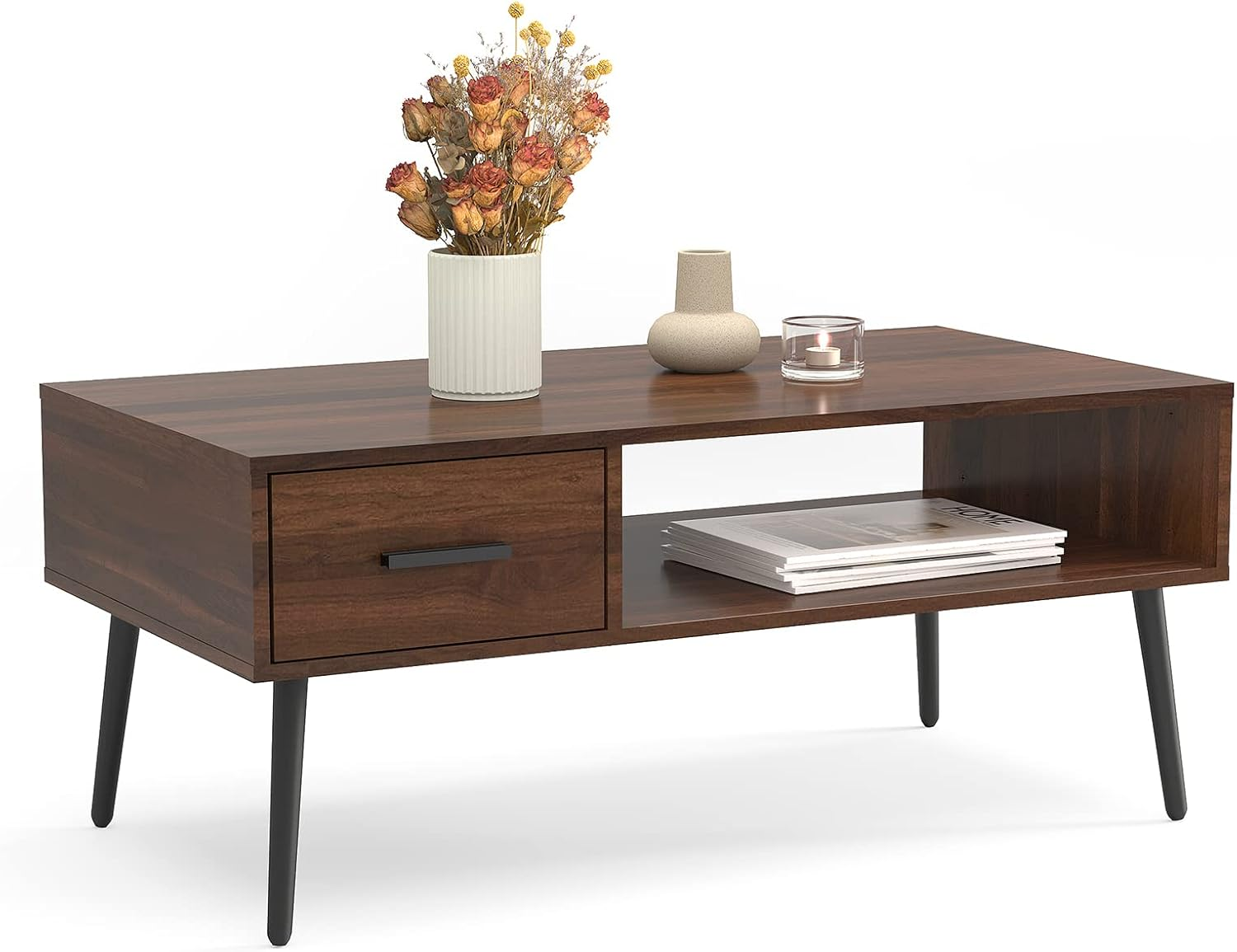 Coffee Table, Mid Century Modern Center Table for Living Room with Storage, Waln-image