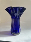 Murano Glass Vase Cased Cobalt Blue Ruffled Italy Hand Blown Art Nouveau 10”