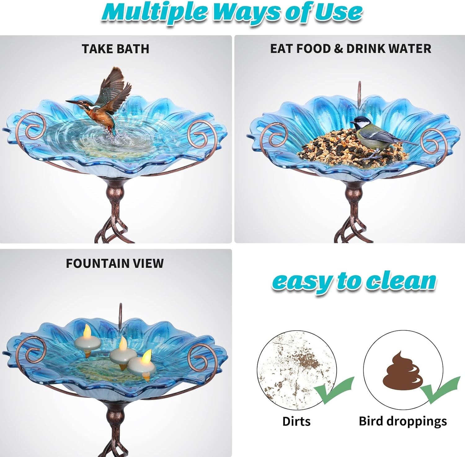 MUMTOP Bird Baths for Outdoors, Outdoor Bath,Glass Birdbath Blue 