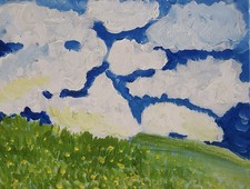 Quadro acrilico originale paesaggio prato cielo blu 11x14 impressionista floreale.