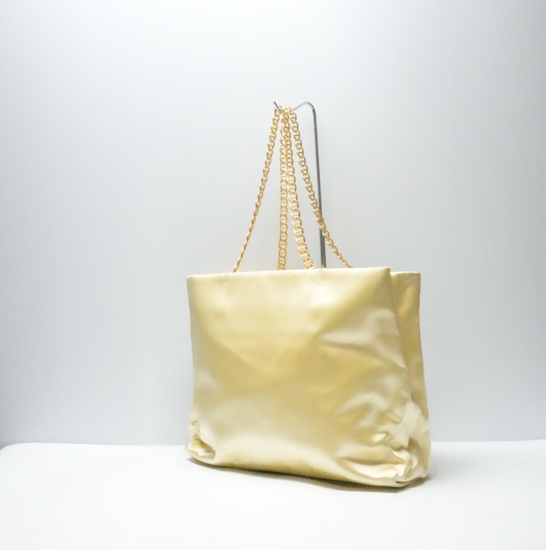RARE!!!! Prada Shoulder Tote Bag Gold Satin Gold Chain image 3