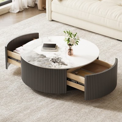 Fluted Wood Round Coffee Table on Wheels 2 Drawers Sintered Stone Marble Pattern