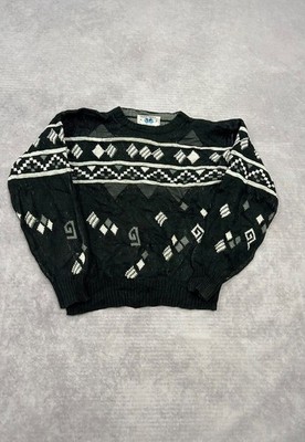 Vintage Strickpullover Abstrakt Gemustert Leder Patch Knit Herren M
