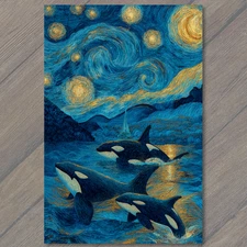 Art Print Orca Pod Swimming Starry Sky Night Sea Blue Gold Mountains Swirls Moon
