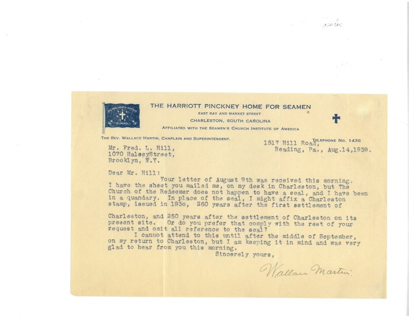 Harriott Pinckney Home for Seamen letter
