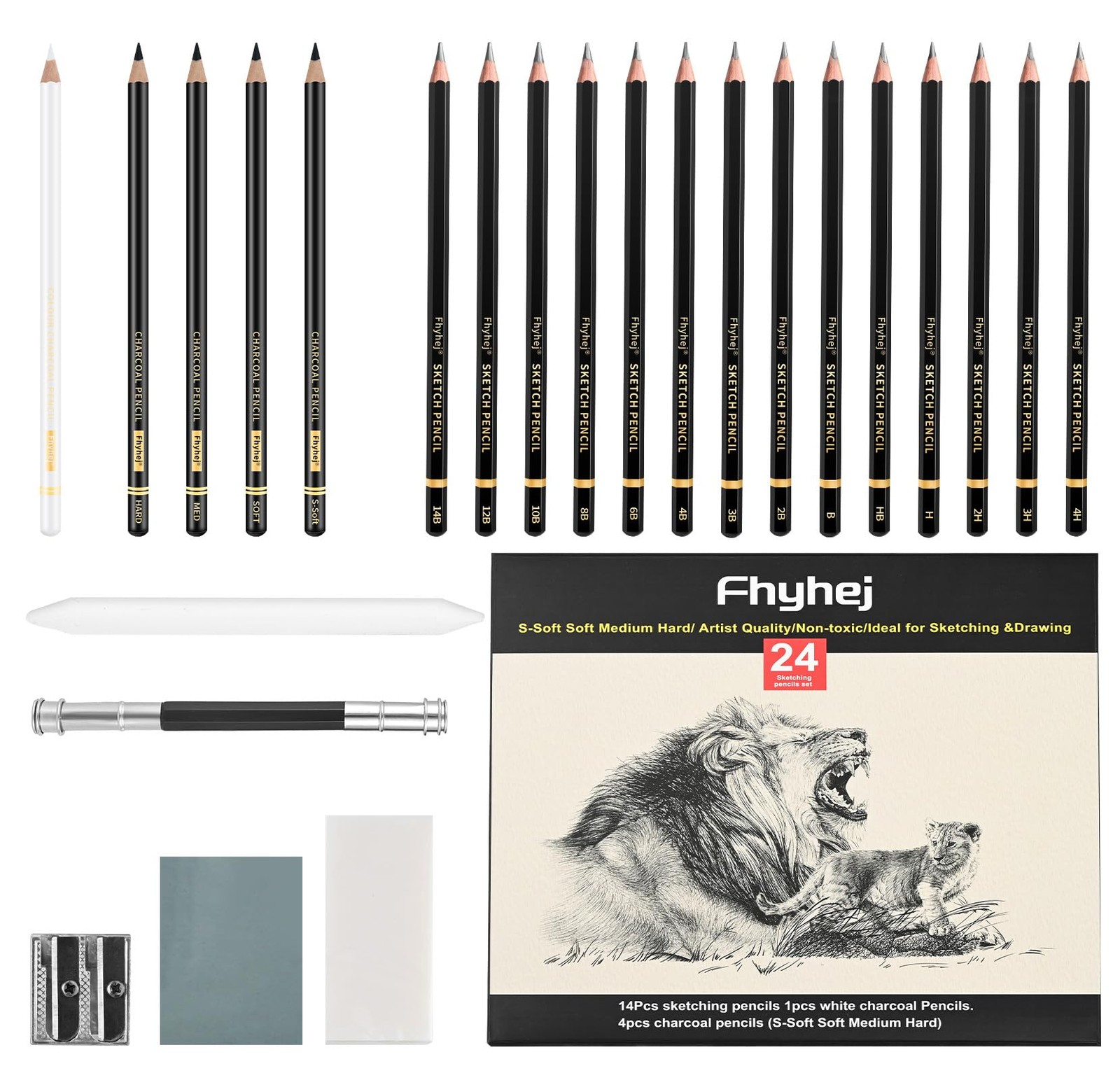 Set 24 Pieces Graphite Sketching Pencils For Artists Black