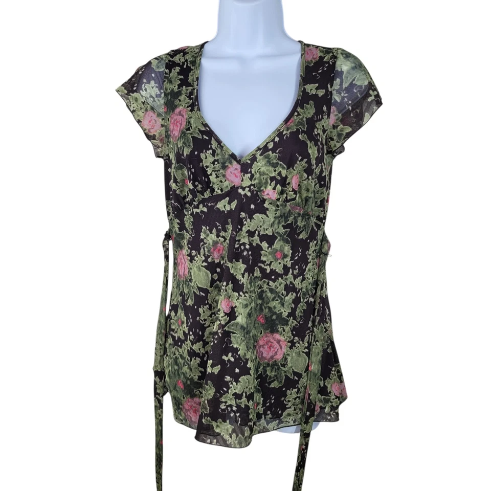Vintage DKNY Top Blouse Floral Mesh Size XS Chiffon semi sheer alt Tie Waist  - Image 3 of 4