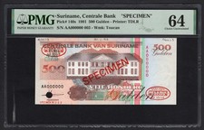 Suriname 500 Gulden 9-7-1991 P140s  Specimen N.003  Uncirculated Graded 64