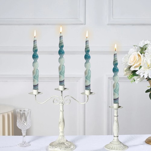 9.8" Blue Marble Unscented Spiral Dinner Candle set of 4 Vintage Taper Candles