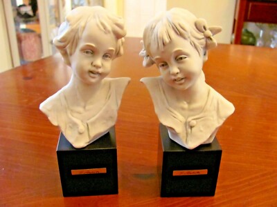 G.BARBETTA FLAVIA VERA ITALY SIGNED CHILD GIRL & BOY SCULPTURED BUSTS ON CUBES 