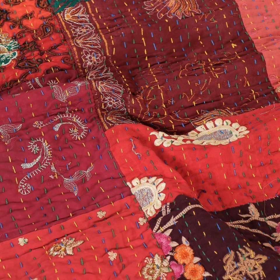 Manta de cama Patola de seda vintage hecha a mano india edredón kanttha boho Foto 4 de 4