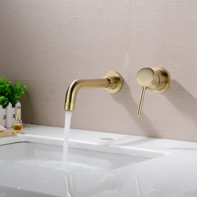 Brass Wall Mounted Swivel Spout Sink Faucet Basin Mixer Taps Brushed Gold UK