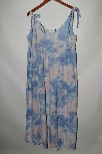 NWT Bella Dahl Tie Shoulder Maxi Tiered Dress Blue Tie Dye size L Linen - Foto 2 di 8