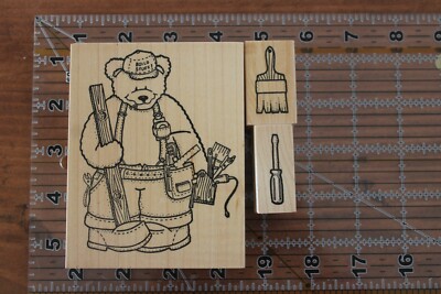 DARCIE'S Lot 3 Teddy Bear Handyman Screwdriver Paint Brush Rubber Stamp D