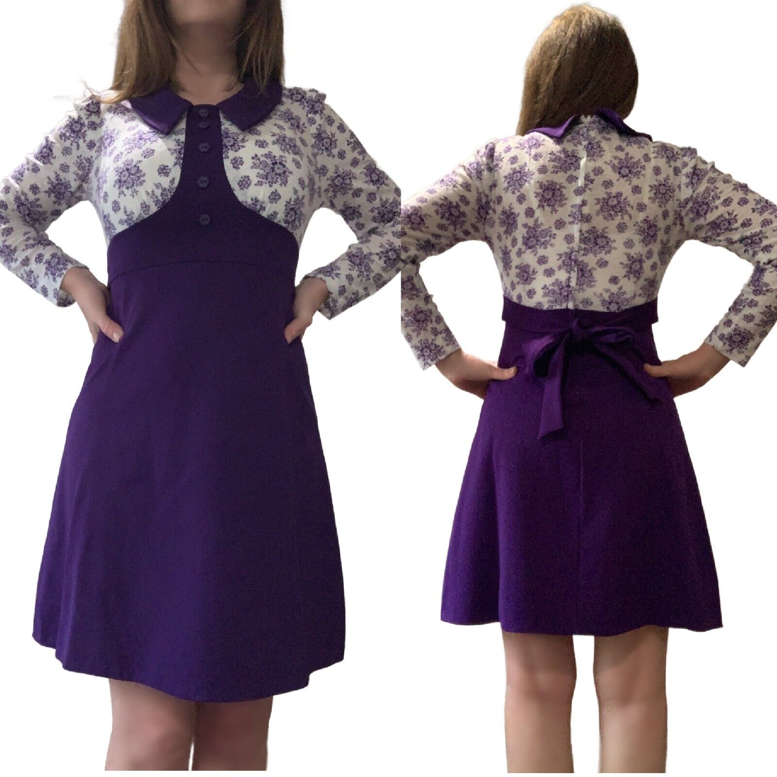S Vtg 70s MOD Purple Long Sleeve Floral Colorbloc… - image 1