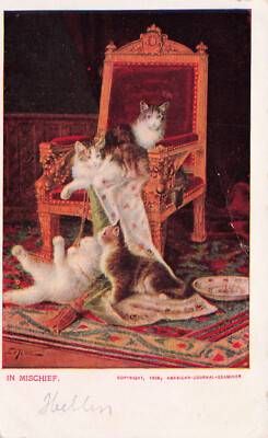 FOUR CUTE KITTY CATS MAKING MISCHIEF 1906 VINTAGE POSTCARD  050124 T
