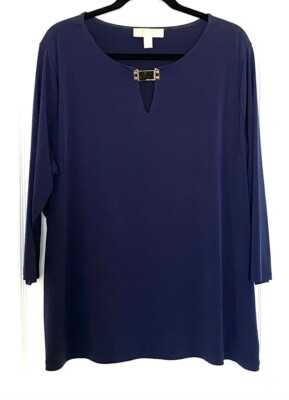 MICHAEL KORS Navy Blue Keyhole Buckle Charm 3/4 Sleeve Jersey Stretch Top 3X 24W