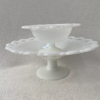 Vintage Lace Edge Pedestal Wedding Milk Glass Compote Fruit Candy 2 Piece Set
