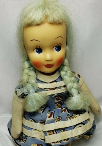 Vintage Zelluloid Gesicht Mädchen Puppe blaue Haare um 1950 16" groß gelenkig gekleidet - Bild 12 von 12