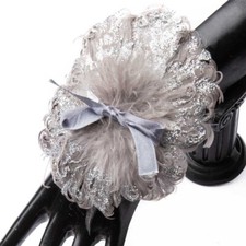 Package of 6 Sparkling Platinum Feather Wrist Corsages with Sequin Wristlets