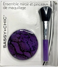 Compact Mirror & Makeup Brush Set Purple Animal Print Sealed