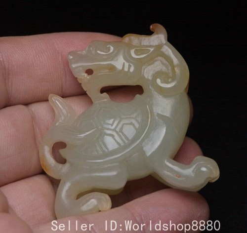 1.8" Old China Hetian Jade Carved Fengshui Dragon Tortoise Turtle Amulet Pendant - Picture 9 of 9