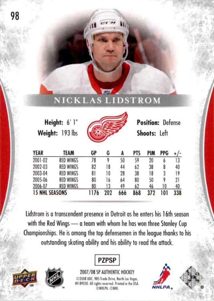 2007-08 Upper Deck SP Authentic Nicklas Lidstrom #98 - Image 2 of 2