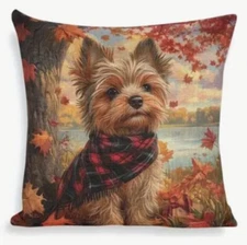 Yorkie Dog Fall Leaves Double Sided Linen Throw Pillow Cover Holiday Home Decor