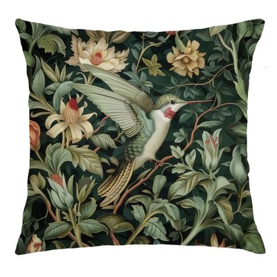 Vintage William Morris Hummingbird Pillow Cover 18x18,Rustic Green Hummingbir...