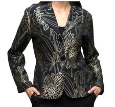 Chico's Blazer Jacket Black Embroidered Gold Metallic Floral 2 Button Size 3 XL