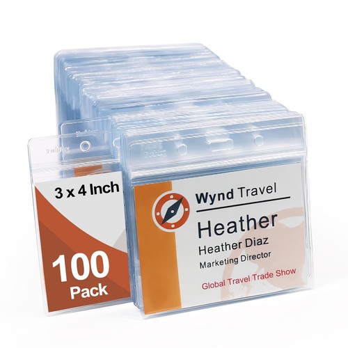3x4 Inch Name Badge Holders - Clear Plastic Horizontal Name Tag Badge ID Card...