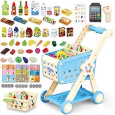 Kids Shopping Cart,75PCS Toy Shopping Cart Playset with Food Shop Accessories, A