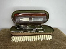 Western Germany 1940s Valet Brush Shoehorn & Groom Kit in Ground Leather case w