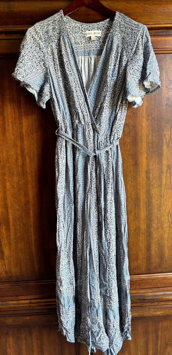Knox Rose Dress L Blue Floral Wrap V-Neck Smocked Tie Waist Flutter Sleeve