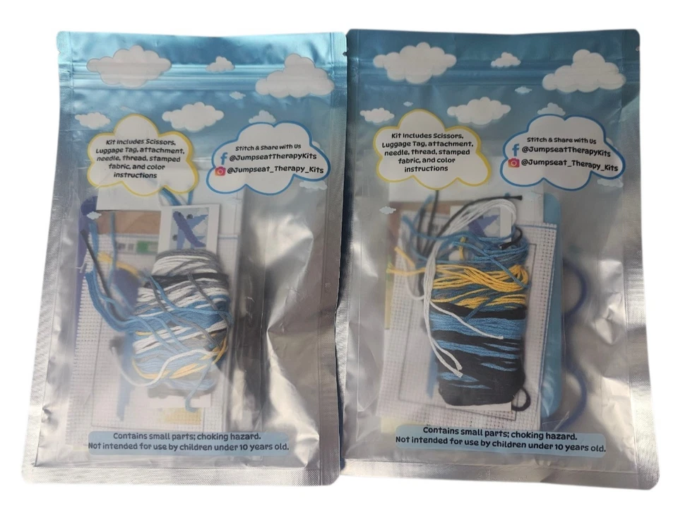 Lote de 2 etiquetas de equipaje azules para principiantes artesanías de avión punto de cruz Jumpseat Foto 2 de 4
