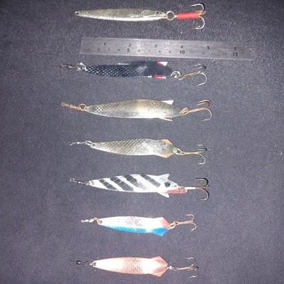  7 Salmon Spinners, Copper, Brass, Chrome, 