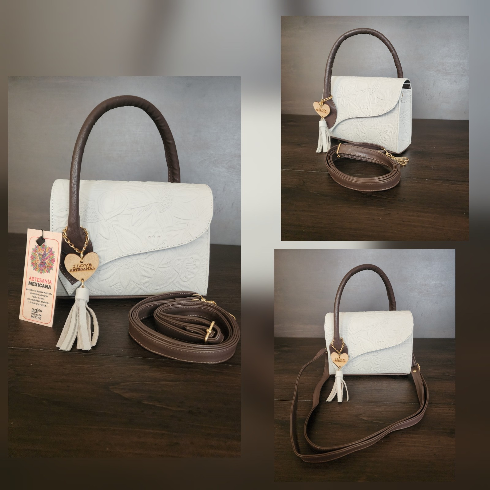 Off White Dark Brown Sunflower Embossed Tooled Artisan LEATHER Crossbody Purse — image 17