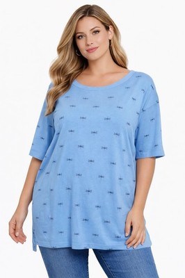Croft & Barrow Womens Top L Blue Dragonfly Print Scoop Neck Short Sleeve