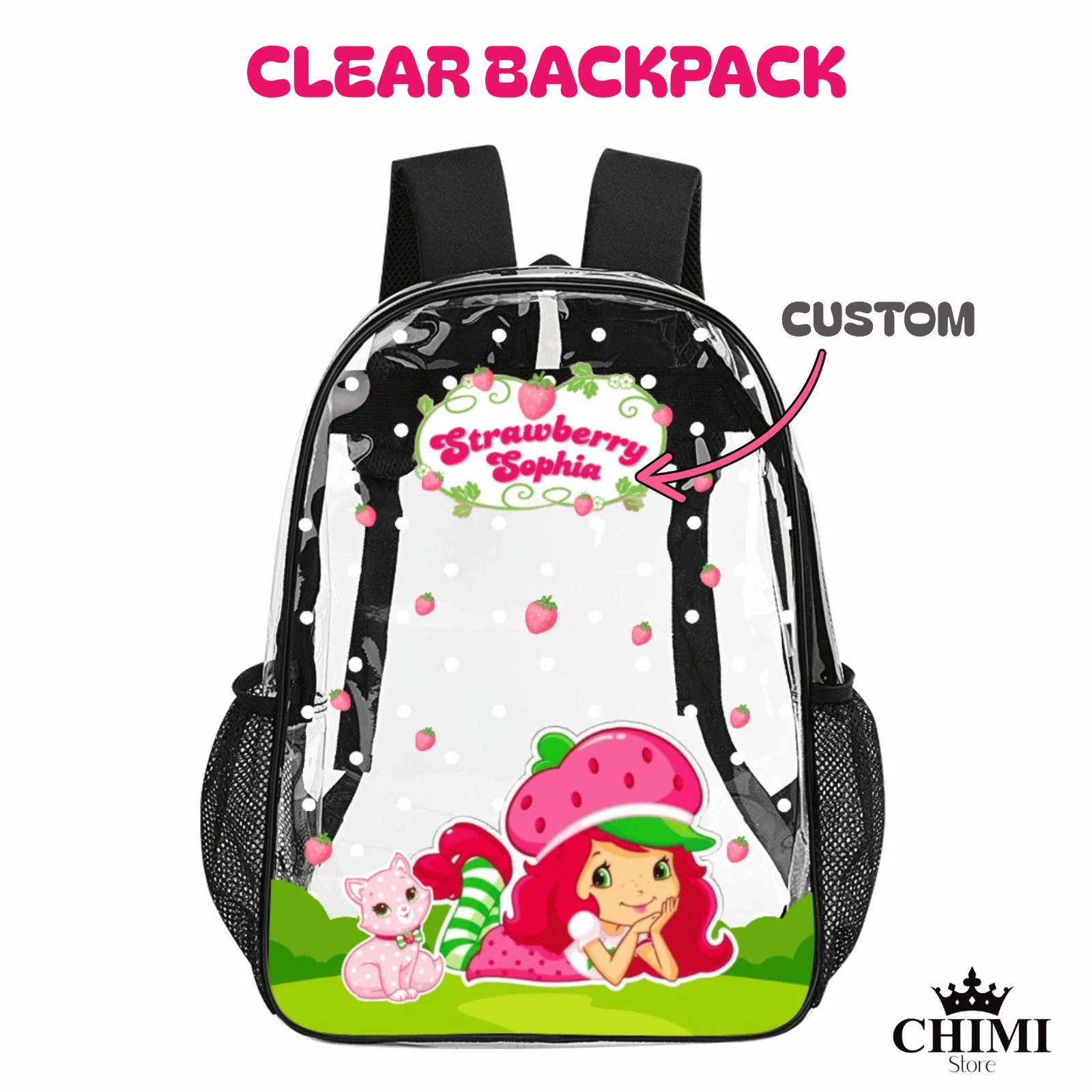 Custom Clear Backpack Strawberry Shortcake with Name – Kids School Bag