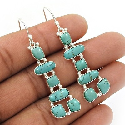 Sterling Silver Cushion Natural Turquoise Inukshuk Drop Dangle Earrings Jewelry