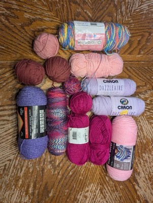 Mixed Yarn Lot Purple Pink, 13 Skeins Red Heart, I Love This Yarn!, Caron