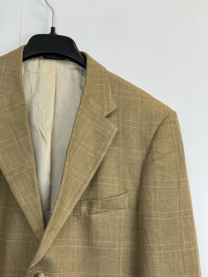 Geoffrey Beene 男式 42S 开衫夹克米色格子亚麻混纺学院风运动外套 — 第 2/4 张图片