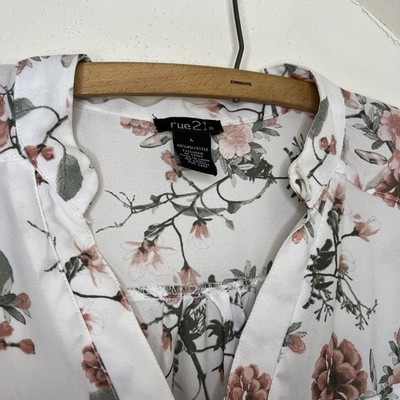 Rue 21 Womens Blouse White Floral Buckles Pockets Large 