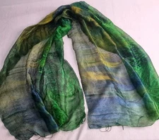 Sheer Silk Scarf Rectangle 156 X 60cm Green Blue Yellow Festival Hippie In VGC 